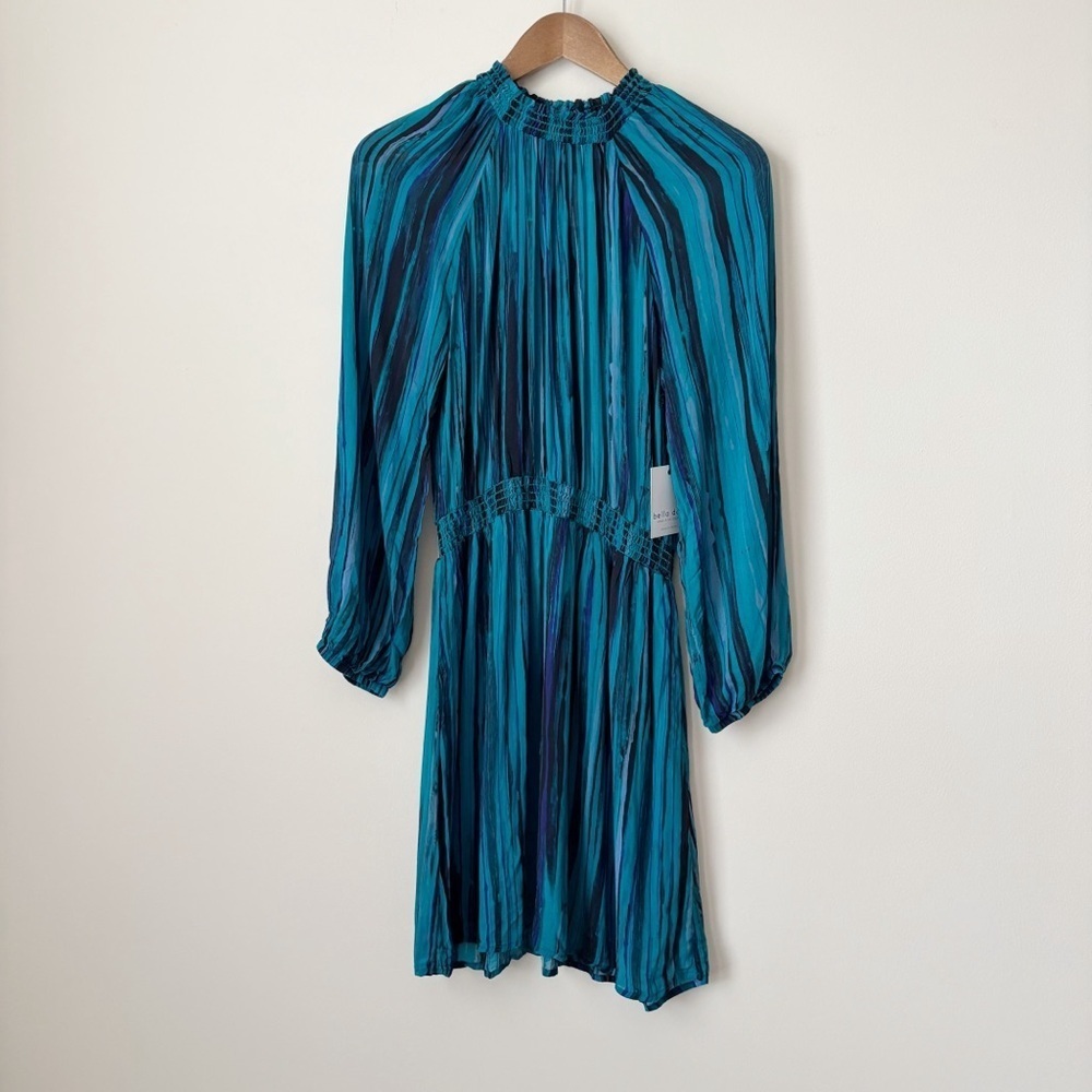 Bella Dahl Teal Mock Neck Striped Blouson Dress Medium NEW NWT